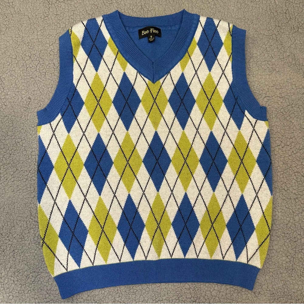 Bee Free Argyle Sweater Vest Small Blue Green Preppy Knit Sleeveless Layer